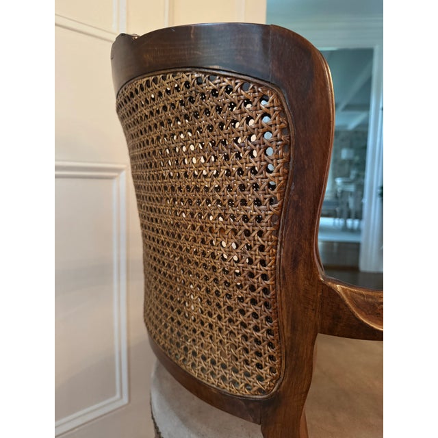 1960s Vintage Petite Carved Wood Arm Chair With Cane Back and Suede Seat For Sale - Image 5 of 12
