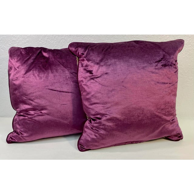 English Square Pillows With a Purple and Pink Embroidered Floral Print, Made in U K- a Pair For Sale - Image 3 of 10