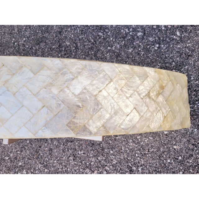 Vintage Pearlized Capiz Sea Shell Herringbone Coastal Regency Long 4 Light Bathroom Vanity Light Fixture For Sale In West Palm - Image 6 of 8