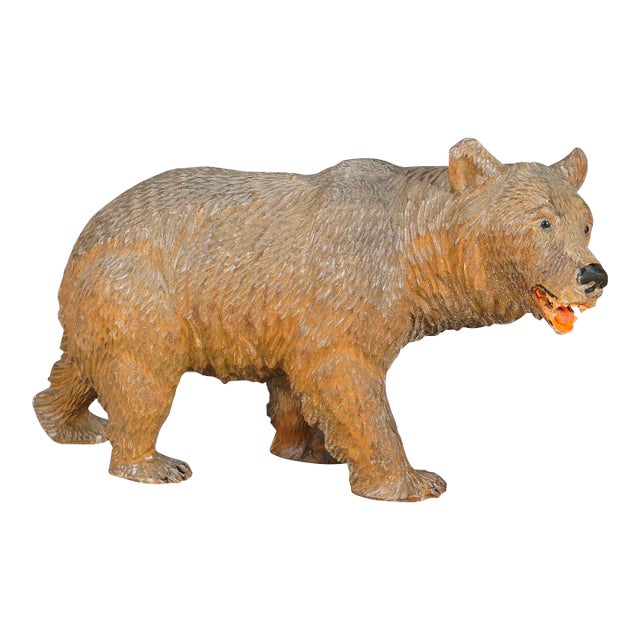 Vintage Wooden Walking Bear Handcarved in Brienz Ca. 1930s For Sale