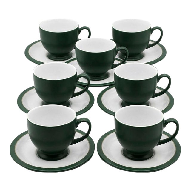 Vintage Denby Greenwich Teacups & Saucers Made in England - Set of 7 For Sale