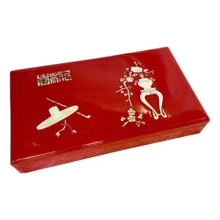 Mid 20th Century Korean Red Lacquer Smoking Box With Mother-of-Pearl Inlay – Complete Set For Sale