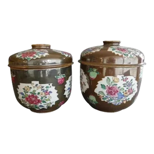 Antique Chinese Export Porcelain Batavian Café au Lait Jars & Covers - a Pair