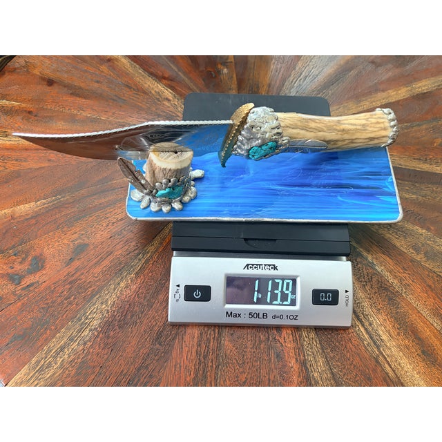 Signed Travis Palmer Bocephus Custom Bowie Knife Stag Turquoise Stand For Sale - Image 10 of 10
