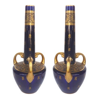 Antique Sevres Porcelain Urn Vases in Cobalt Blue With Gilt Accents - a Pair For Sale