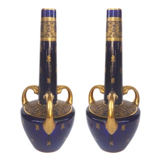 Antique Sevres Porcelain Urn Vases in Cobalt Blue With Gilt Accents - a Pair For Sale