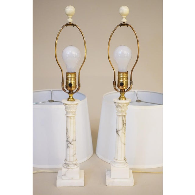 1950s Neo Classic Hollywood Regency Modern Carrera Marble Corinthian Style Column Table Lamps - a Pair For Sale - Image 10 of 10