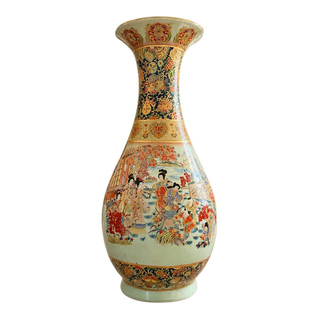 Large Late 20th Century Ornate Chinoiserie Ceramic Floor Vase With Musicians and Gilt Decoration For Sale