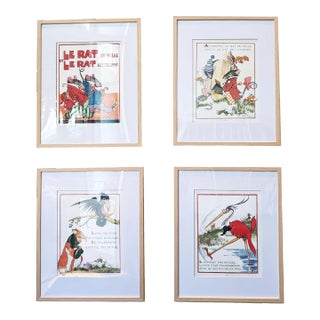 Set of Four Framed 1940s French Children's Book Illustrations For Sale