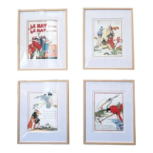 Set of Four Framed 1940s French Children's Book Illustrations