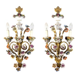 Gilt Bronze Sconces with Porcelain Flowers, 1830, Set of 4 For Sale