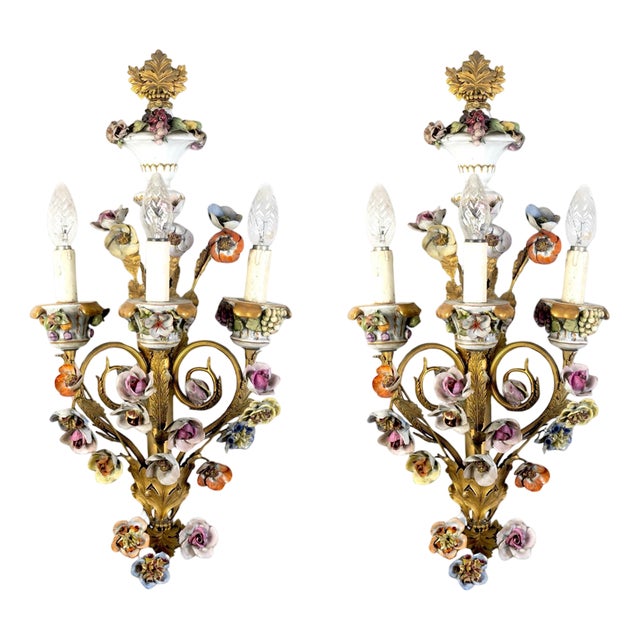 Gilt Bronze Sconces with Porcelain Flowers, 1830, Set of 4 For Sale