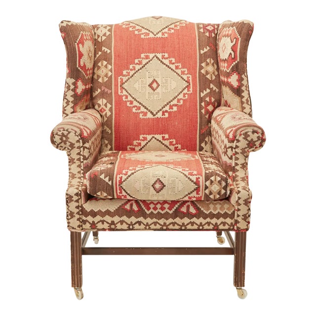 Antique Rug Wingback Chair For Sale