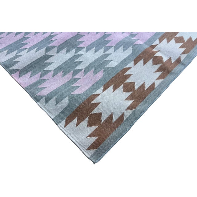 Casa Cosima Handmade Cotton Area Rug, Vegetable Dyed, Gray, Pink, Cream and Tan Geometric Dhurrie -6'x12' For Sale - Image 4 of 13