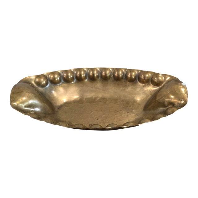 Vintage German Handarbeit Brass Oval Dish, Hammered Mid-Century Trinket Tray With Beaded Edge For Sale