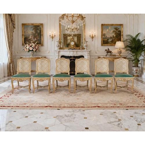 Set of 6 carved and lacquered wooden chairs in the louis xv style, 20th century. Set of 6 chairs in the louis xv style,...