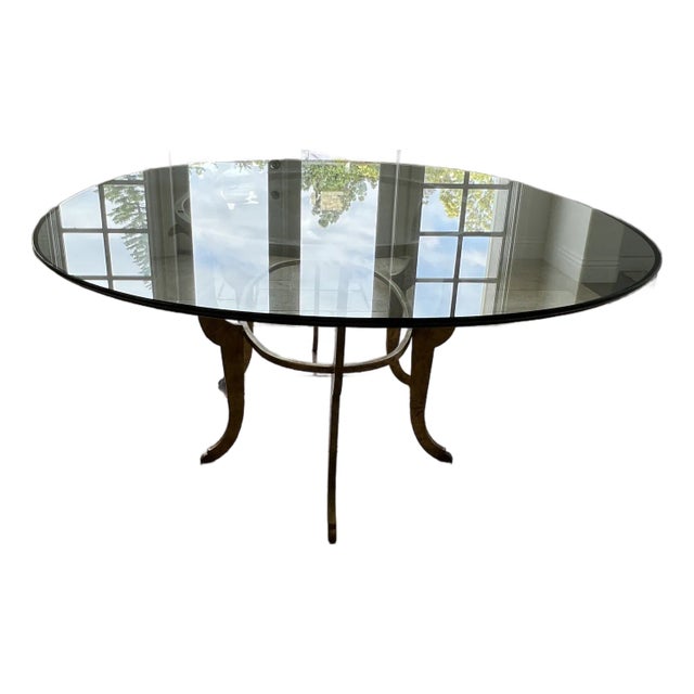 1980s Italian Glass 1/2" Oval Tabel With Gorgeous Gold Patina Metal Base. - Entertainers Dream Table For Sale