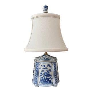 Vintage Blue & White Lamp With Shade For Sale