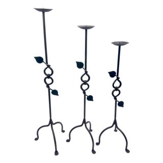 Hand Forged Iron Candelabra Set of 3 (80-100cm) Antique Copper Finish Sculpted Twist & Leaf Floor Set For Sale