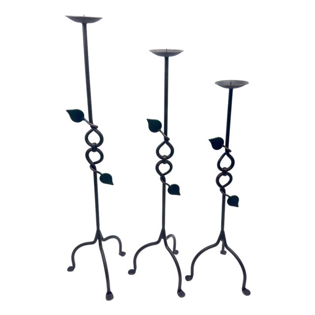 Hand Forged Iron Candelabra Set of 3 (80-100cm) Antique Copper Finish Sculpted Twist & Leaf Floor Set For Sale