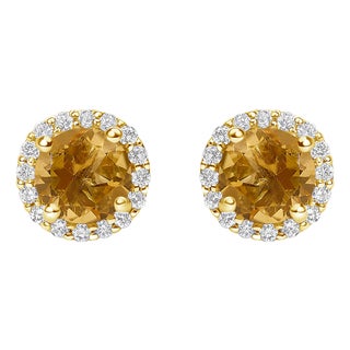 10K Yellow Gold Orange Citrine and 1/6 Cttw Diamond Halo Stud Earring For Sale