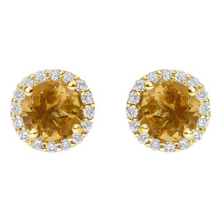 10K Yellow Gold Orange Citrine and 1/6 Cttw Diamond Halo Stud Earrings ,A Pair For Sale