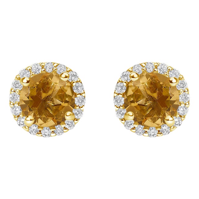 10K Yellow Gold Orange Citrine and 1/6 Cttw Diamond Halo Stud Earrings ,A Pair For Sale