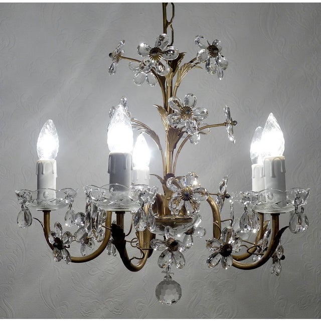Antique Italian Gold-Plated Metal Crystal Flowers Chandelier, 1950s For Sale - Image 15 of 17
