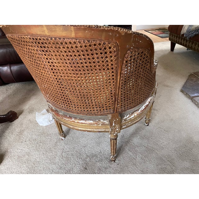 Gold Antique Louis XV Style Gilded Cane Bergère Chair – Post‑1950 French Provincial Elegance For Sale - Image 8 of 9