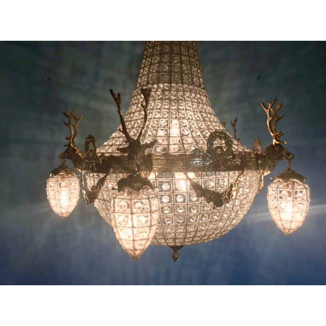 1970 French Louis XVI Gold Bronze Deer Head Chandeliers Pair For Sale - Image 13 of 16