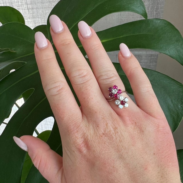 Contemporary You and Me Ring Gold Ruby Diamonds, Size 5.75 For Sale - Image 3 of 5