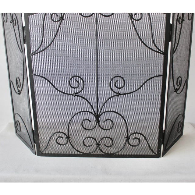 Vintage French Style Black Mesh Fireplace Screen Metal Scrollwork Details For Sale - Image 10 of 11