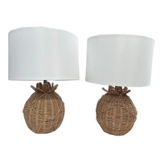 Pair of 1970s Wicker Round Lamps With White Lampshades For Sale