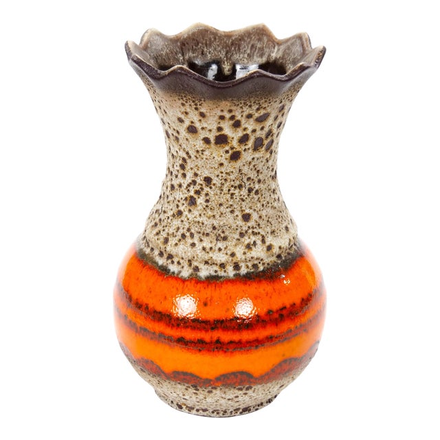 Mid-Century West German Glazed Porcelain Vase, Orange, Eggshell & Brown 10" Tall For Sale
