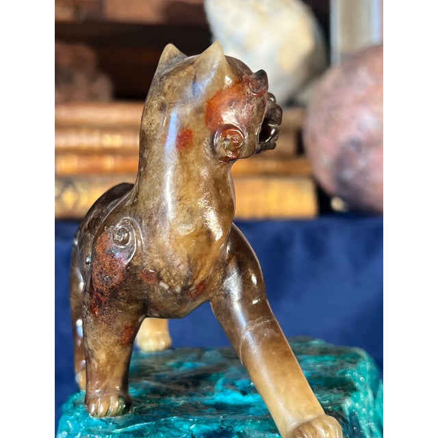 Pair of Early 20th Century Chinese Carved Marble Lions on the Faux Malachite Stone Bases For Sale - Image 11 of 14