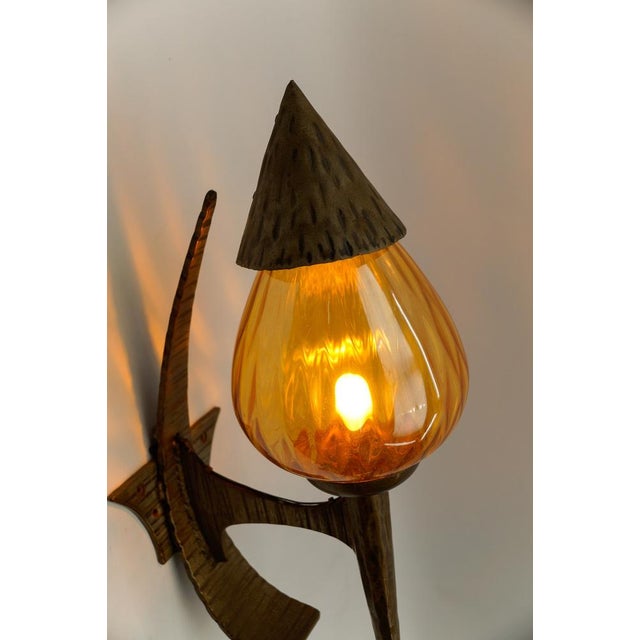 Large French Hand-Forged Iron and Glass Wall Lamp, 1960s For Sale - Image 6 of 17