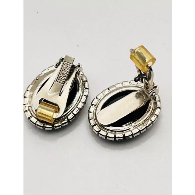 Mid-Century Modern 1950s Signed Hobé Cameo Intaglio Onyx and Rhinestone Earrings - a Pair For Sale - Image 3 of 8