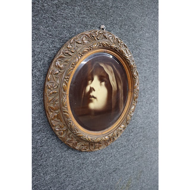 Antique Victorian Lithograph Portrait in Carved Quarter-Sawn Oak Frame For Sale - Image 4 of 9