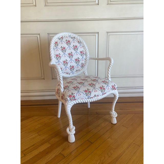 1950’s Hollywood Regency Tassel and Rope Armchair in Original finish and textiles with Tassel Chintz pattern. hand carved...