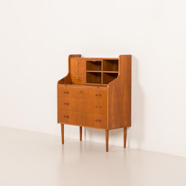 Danish Modern Teak Secretaire with Brass Details and Hidden Vanity, 1960s For Sale - Image 4 of 18