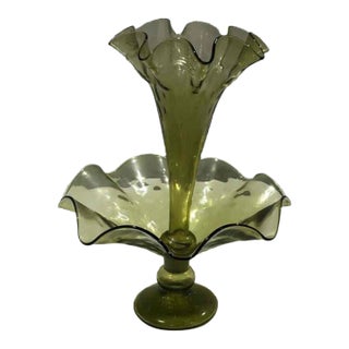 Vintage Handblown Green Glass Epergne With One Horn For Sale