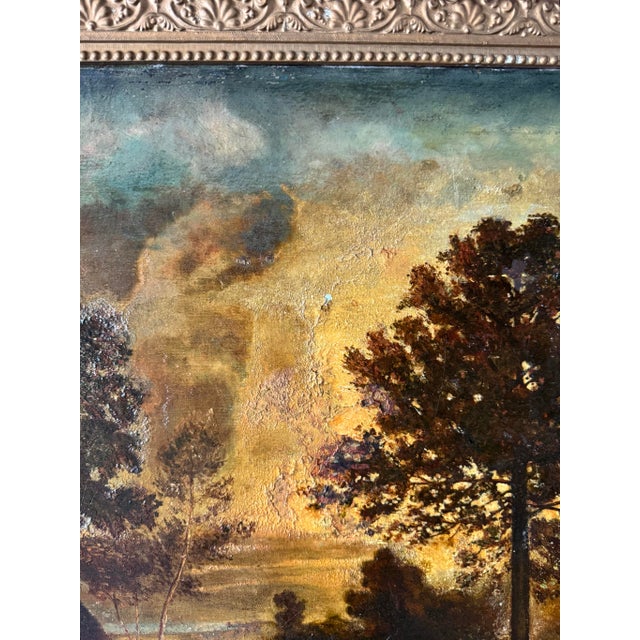 Burnt Umber 19th-Century Pastoral Oil Painting in Deep Carved Gilt Frame For Sale - Image 8 of 8