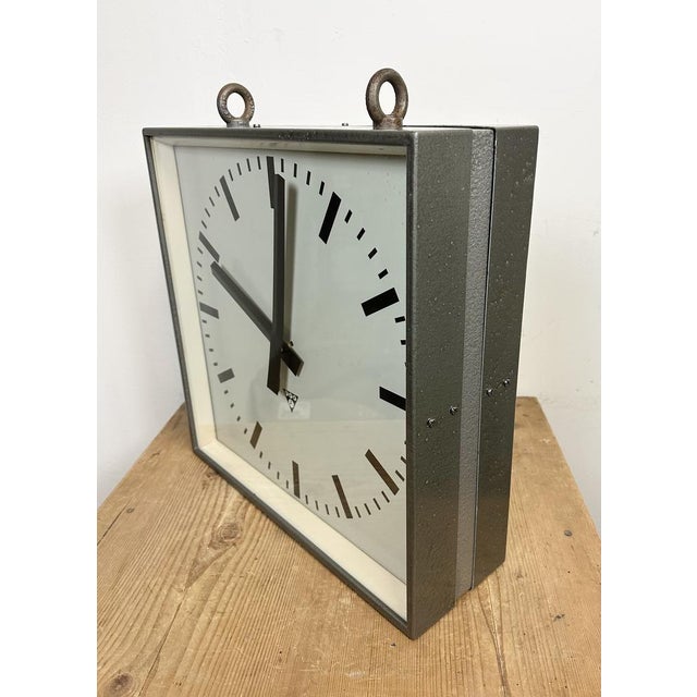 Gray Large Industrial Square Double-Sided Factory Hanging Clock from Pragotron, 1970s For Sale - Image 8 of 15