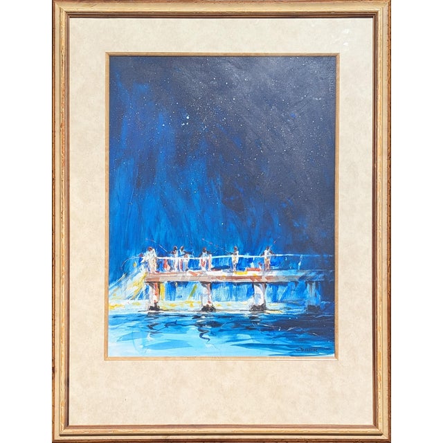 Charles Criner "Starry Night" Watercolor Impressionist Galveston Pier Landscape Painting, 2009 For Sale