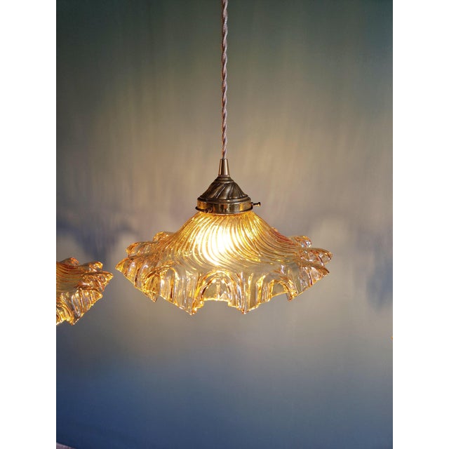 Amber-Colored Pleated Glass Pendant Lights, 1930s, Set of 3 For Sale - Image 15 of 18