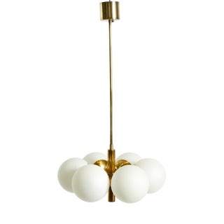 Vintage Brass Pendant Lamp with Six Opal Glass Shades from Kaiser Leuchten, 1960s For Sale