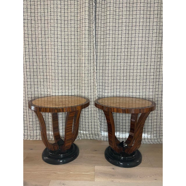 Pair of Italian Art Deco Style Macassar Wood & Burl Round Side Tables For Sale In San Francisco - Image 6 of 7