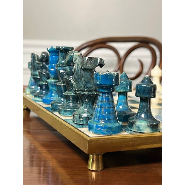 Chinese Stone Chess Set on Brass Framed and Footed Board in Blue and White, 1960s For Sale - Image 10 of 15