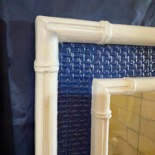 Chinoiserie Vintage Chinoiserie Blue and White Faux Bamboo Wall Mirrors - Newly Painted - A Pair For Sale - Image 3 of 8