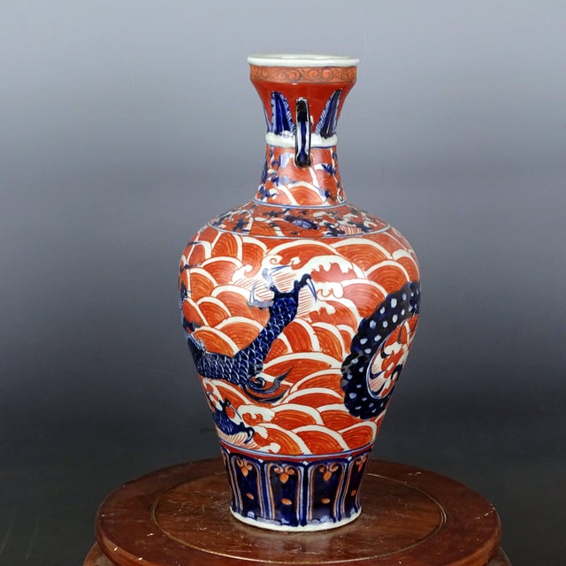 Art Deco Chinese Vintage Ceramic Vase,Ming Dynasty Xuande Marked Red Glaze Blue and White Porcelain Vase Hand Painted Dragon Pattern For Sale - Image 3 of 11